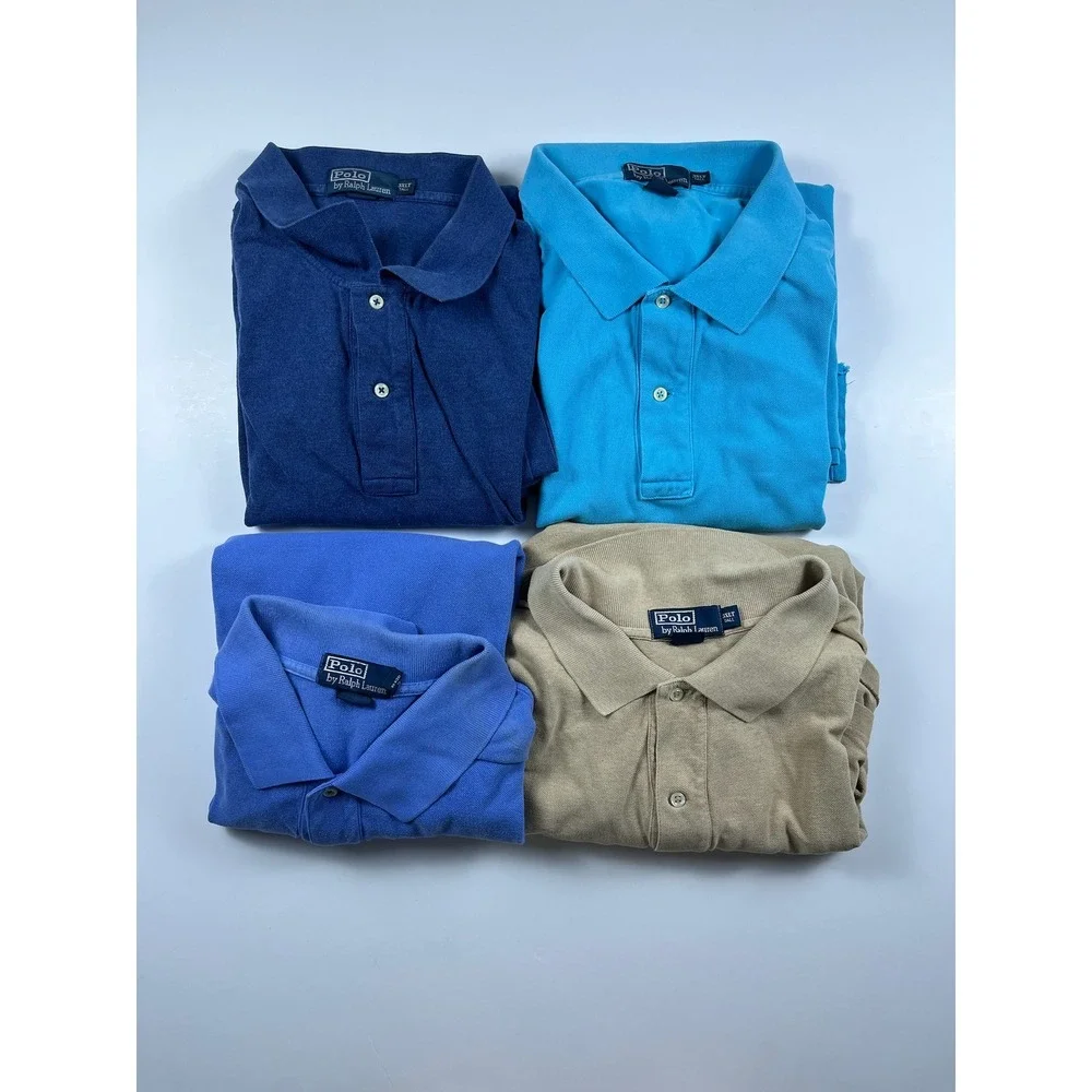 Lot of 4 Polo Ralph Lauren Mens 3XLT Tall Polo Shirts Blue Tan Cotton Preppy